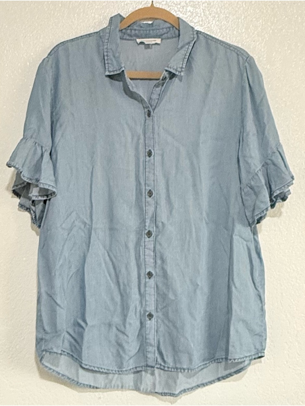 Beach Lunch Lounge Women Button Up Flutter Sleeve Light Blue Denim Blouse Large